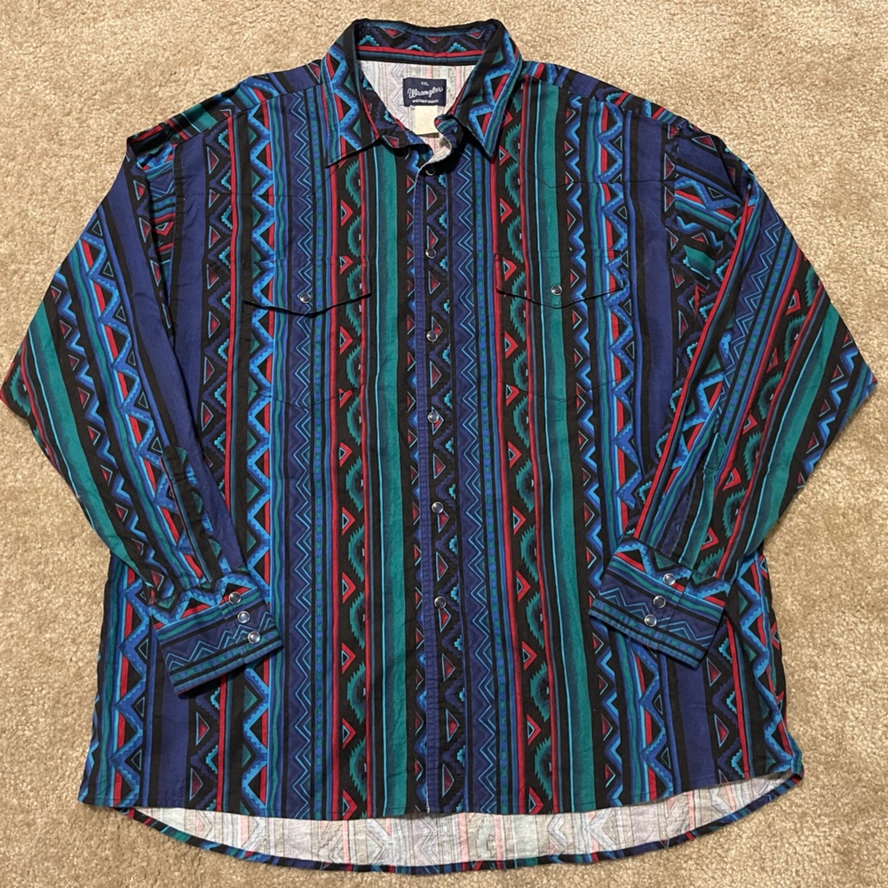 Men’s Vintage Wrangler Aztec Print Pearl Snap Western Long Sleeve Shirt Size XXL